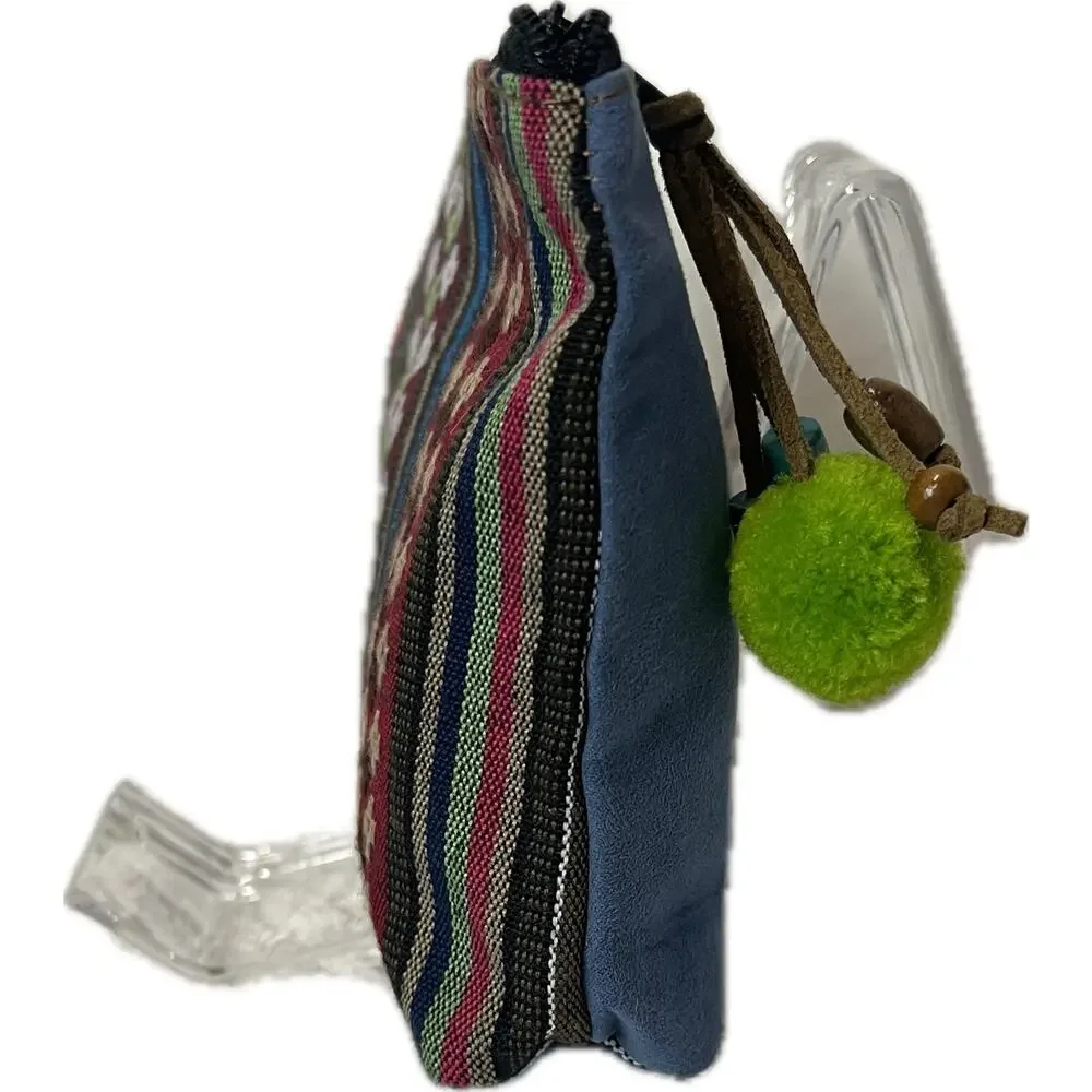 Boho Ultrasuede Embroidered Make-up Bag Beads Pom-pom